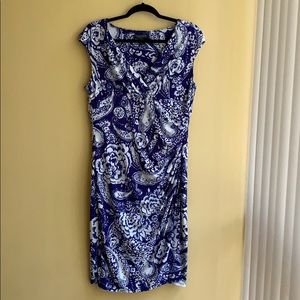 Ralph Lauren Blue Print VNeck Ruched Waist Dress